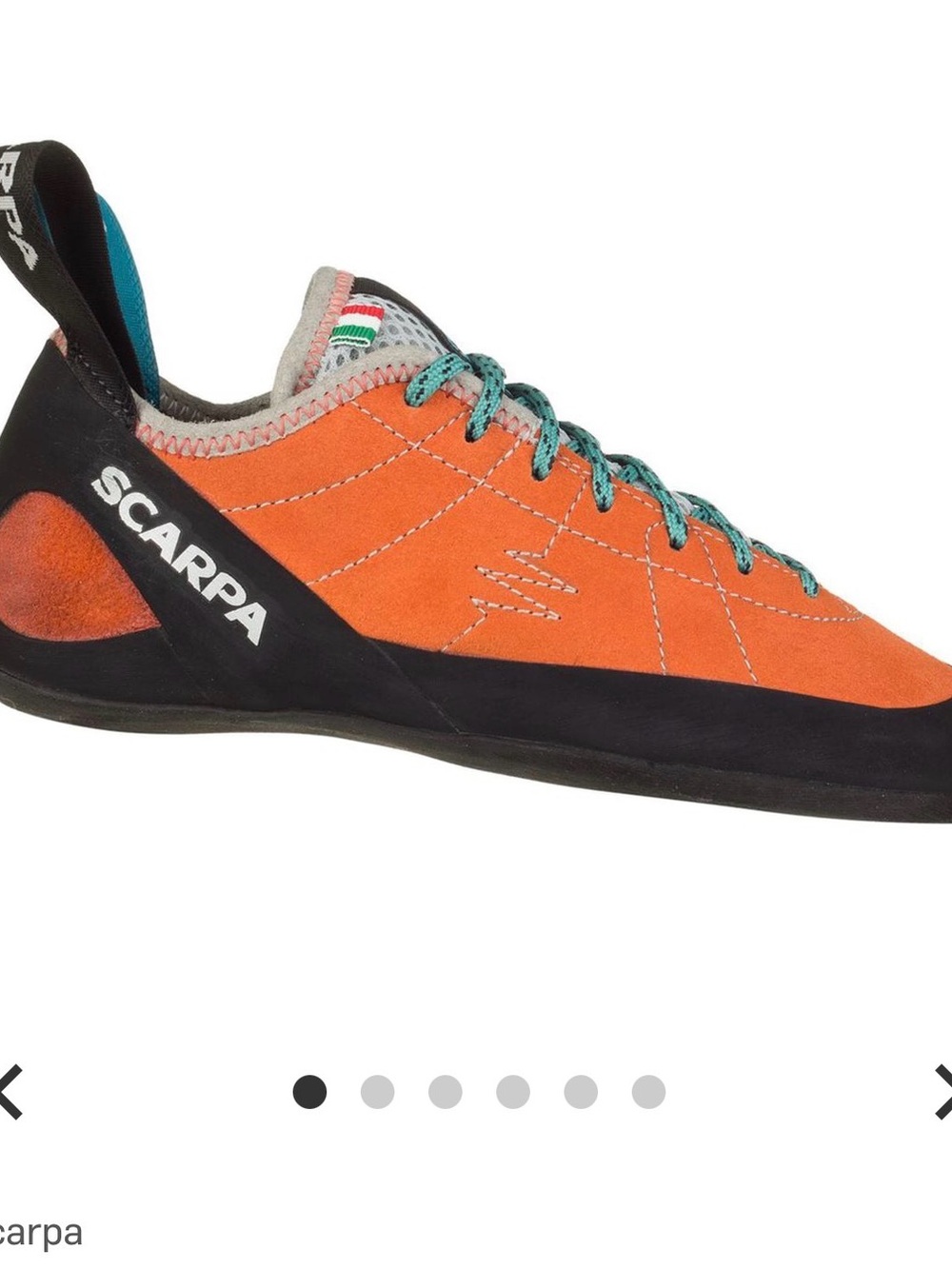 Scarpa Orange Suede Women’s Climbing Shoe with Teal Laces EU37